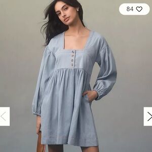 By Anthropologie Long-Sleeve Square-Neck Denim Mini Babydoll Dress S